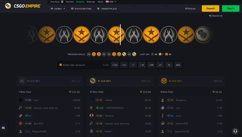 Ruleta de CSGOEmpire con sus zonas de apuesta